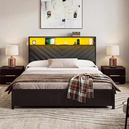 Queen Bed Frame with 4 Storage Drawers, Upholstered Storage Headboard, view 8