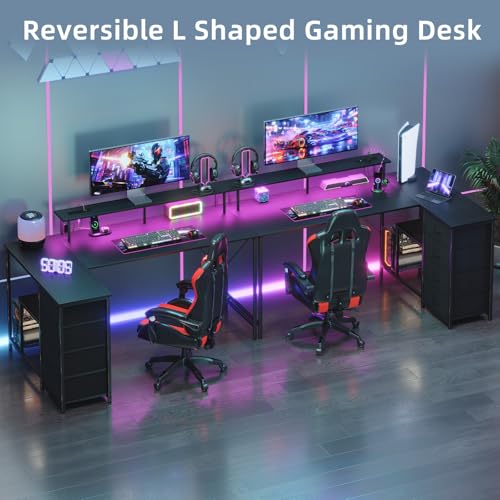 L Shaped Desk with 4 Drawers,61" Reversible Home Office Desks with Power Outlets,L Shaped Gaming Desk with USB Charging Port,Corner Desk with Storage Shelves,Easy to Assemble,Black