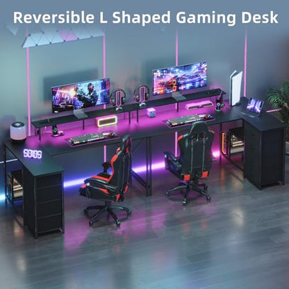 L Shaped Desk with 4 Drawers,61" Reversible Home Office Desks with Power Outlets,L Shaped Gaming Desk with USB Charging Port,Corner Desk with Storage Shelves,Easy to Assemble,Black