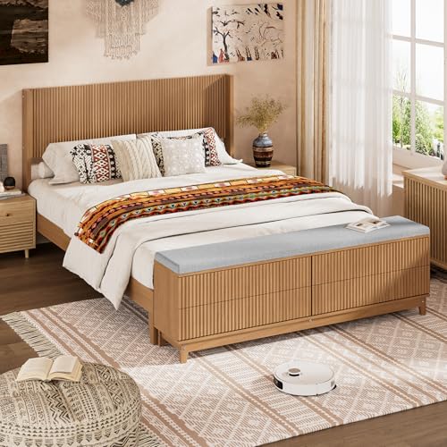 Fluted King Bed Frame with headboard and Storage Bench, view 2