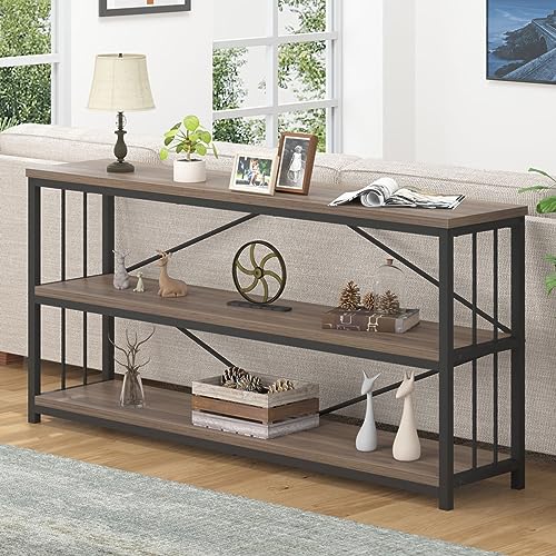 Industrial Console Table with Storage Shelf, Farmhouse Rustic Oak, 63 Inch