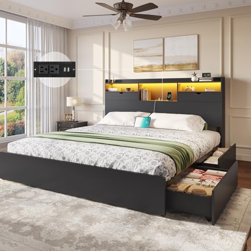 King Bed Frame with Storage Headboard and 4 Underneath Drawers, view 2