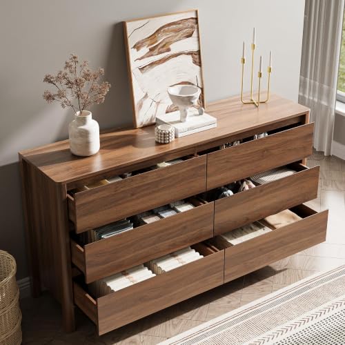 Walnut 6 Drawer Dresser for Bedroom, 55"Wide Modern Wood Dresser, view 6