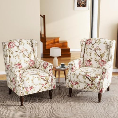 High Back Accent Chairs Set of 2, Floral Wingback Chair Fabric Upholstered Armchair for Living Room, Nailhead Trim Single Sofa Bedroom Reading Seat - Beige