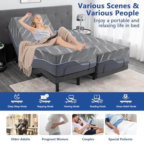Adjustable bed frame with grey memory foam mattress, thickened foam legs, view 6