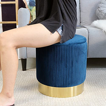 Blue Round Ottoman with Storage Set of 2 Upholstered Velvet Vanity Stool for Living Room Small Ottoman Coffee Table with Removable Lid Foot Stool for Living Room, Bedroom, Hallway, Assembly Free