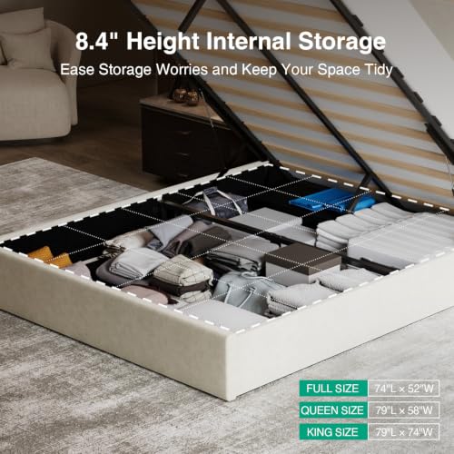 Queen Lift Up Storage Bed Frame/Charging Station/LED Light, White, view 6