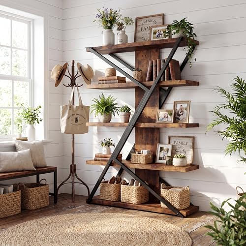 5-Tier Industrial Bookshelf, Tall Wood and Metal Bookcase,Brown, view 7