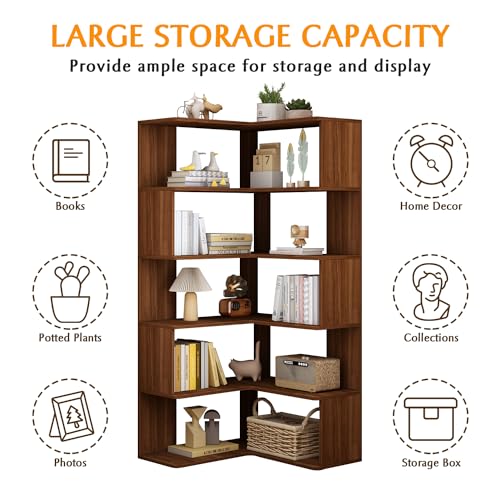 IOTXY 6-Tier L-Shaped Corner Bookshelf, 66-Inch Tall Bookcase, Walnut, view 6