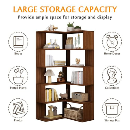 IOTXY 6-Tier L-Shaped Corner Bookshelf, 66-Inch Tall Bookcase, Walnut, view 6