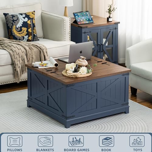 Farmhouse Coffee Table with Hidden Storage Organizer, Modern Square Large Center Table, Wood Farm House Low Navy Blue Living Room Tables with Hinged Lift Top for Home, Office