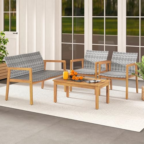 4 Pieces Outdoor Furniture Set, Acacia Wood Frame Sofa Set w/Rattan Seat & Back, Patio Conversation Set w/Coffee Table for Balcony, Poolside, Backyard (Mix Gray)