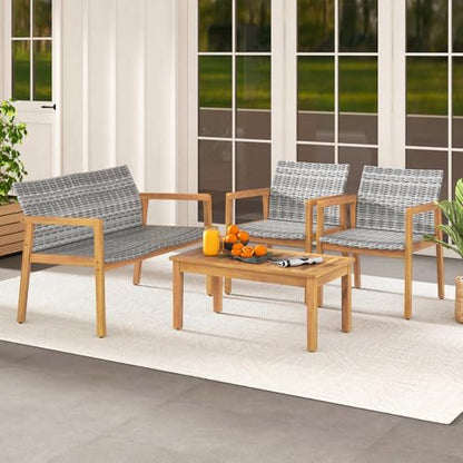 4 Pieces Outdoor Furniture Set, Acacia Wood Frame Sofa Set w/Rattan Seat & Back, Patio Conversation Set w/Coffee Table for Balcony, Poolside, Backyard (Mix Gray)