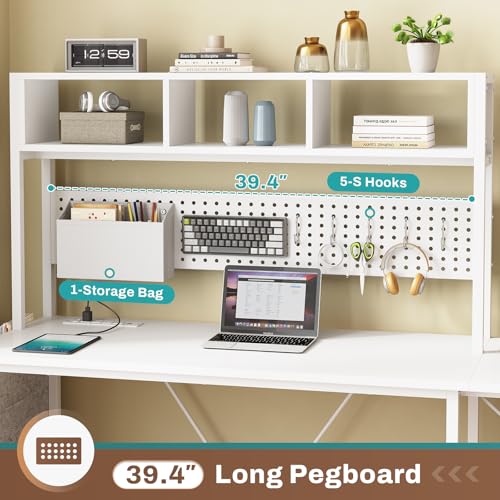 White L Shaped Office Desk, 57.5” Corner Computer Desk with Power Outlet Pegboard and Keyboard Tray, Gaming Table with LED Lights, Hutch and Storage Shelves for Home Office