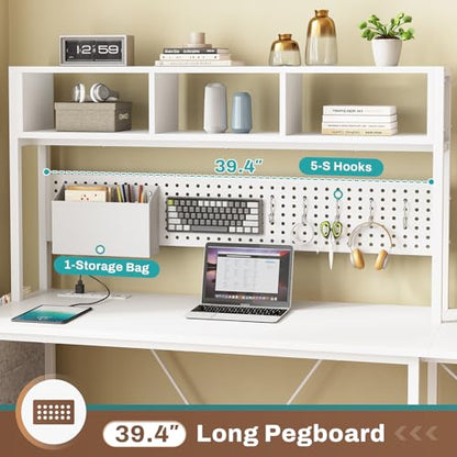 White L Shaped Office Desk, 57.5” Corner Computer Desk with Power Outlet Pegboard and Keyboard Tray, Gaming Table with LED Lights, Hutch and Storage Shelves for Home Office