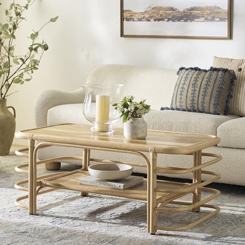 SAFAVIEH Home Collection - Maestro Natural Rattan & Wood Coffee Table, Rectangular Design with Lower Shelf, Fully Assembled (COF5400A)