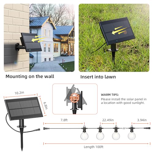100FT Solar Outdoor String Lights, USB Charging & Solar Powered, IP65 Waterproof Shatterproof Edison Hanging LED Lights for Patio Garden Porch Fence Camping Party