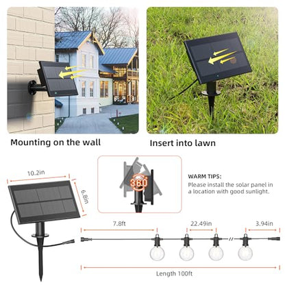 100FT Solar Outdoor String Lights, USB Charging & Solar Powered, IP65 Waterproof Shatterproof Edison Hanging LED Lights for Patio Garden Porch Fence Camping Party