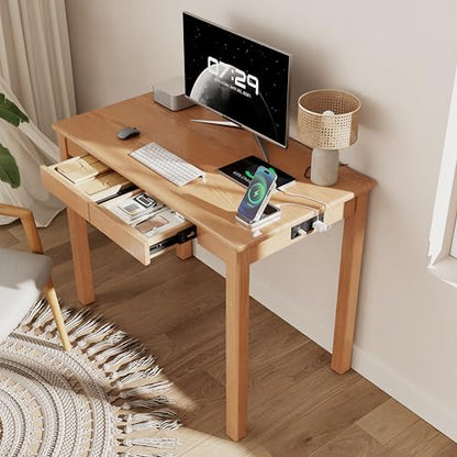 Solid Wood Desk with Charging Station and Drawers,Natural Color, view 2