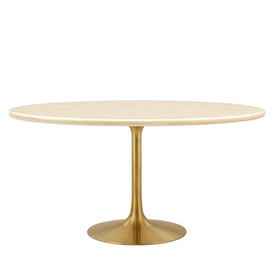 Lippa 60Inch Oval Dining Table Faux Travertine Stone Gold Finish Modern Kitchen Room Entertaining Home Furniture Quality Stylish Elegant Durable Refined Versatile