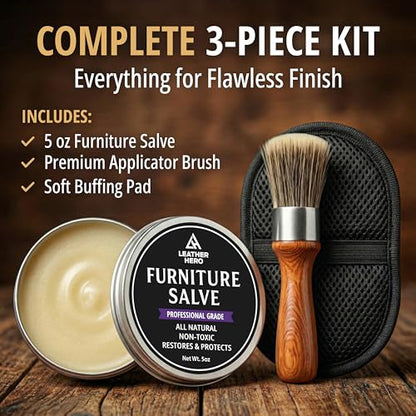 3-in-1 Furniture Salve for Leather & Wood – Polisher, Conditioner, & Restorer for Couches and Furniture- Leather Repair Salve with Brush & Buffing Pad- 5oz