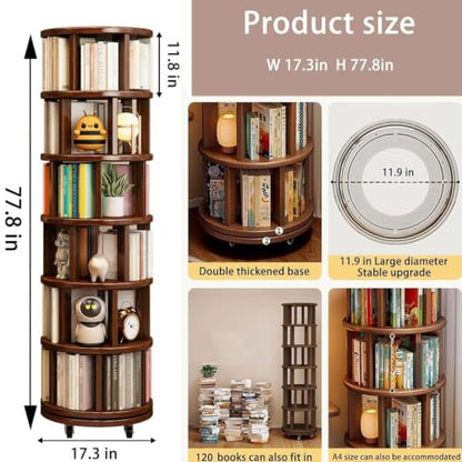 6Tier Solid Wood 360° Rotating Bookshelf Tower Round Revolving Book Shelf, view 3