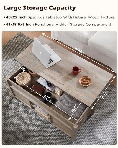 48" Farmhouse Lift Top Coffee Table with Sliding Barn Door,Rustic Center Table w/Hidden Storage Compartment, Lift Tabletop Dining Table w/Adjustable Shelf for Living Room,Light Rustic Oak