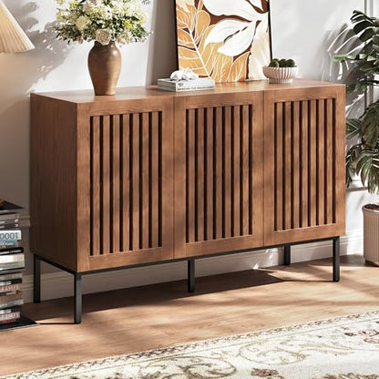 Modern Storage Cabinet with Slatted Doors,Sideboard Buffet Cabinet with Adjustable Shelf and Metal Legs for Kitchen,Dining Room,Living Room,47 Inch, Brown