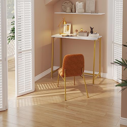White Faux Marble Folding Desk, 31.5" Small Desk for Small Spaces with Gold Legs, Easy Assemble Foldable Computer Desk, Mini Portable Working Table for Home Office, White and Gold