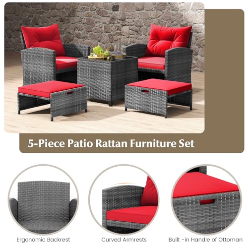 5 Pieces Patio Furniture Set with Ottomans, Wicker Patio Conversation Set with Coffee Table & Cushions, PE Rattan Outdoor Lounge Chairs for Backyard, Porch, Poolside (Mix Grey- Red)
