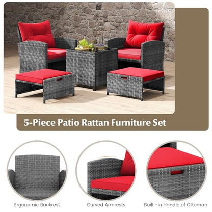 5 Pieces Patio Furniture Set with Ottomans, Wicker Patio Conversation Set with Coffee Table & Cushions, PE Rattan Outdoor Lounge Chairs for Backyard, Porch, Poolside (Mix Grey- Red)