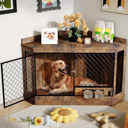 51.3" Corner Dog Crate Furniture with 360° Rotating Feeder, view 2
