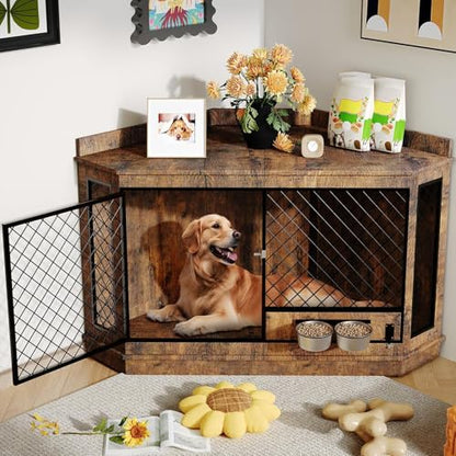 51.3" Corner Dog Crate Furniture with 360° Rotating Feeder, view 2