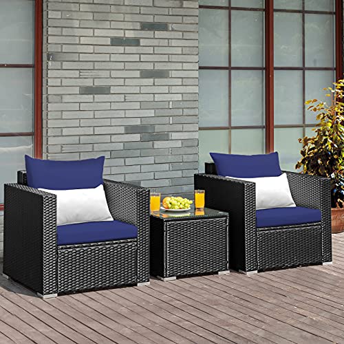 3 Pieces Patio Furniture Set, PE Rattan Wicker Sofa Set w/Washable Cushion and Tempered Glass Tabletop, Outdoor Conversation Furniture for Garden Poolside (Navy Blue)