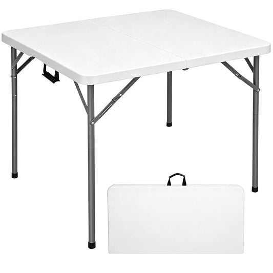 34" Square Folding Table, Fold-in-Half Utility Dining Portable Table Heavy Duty HDPE Plastic Foldable with Carrying Handle Indoor Outdoor for Picnic, Party