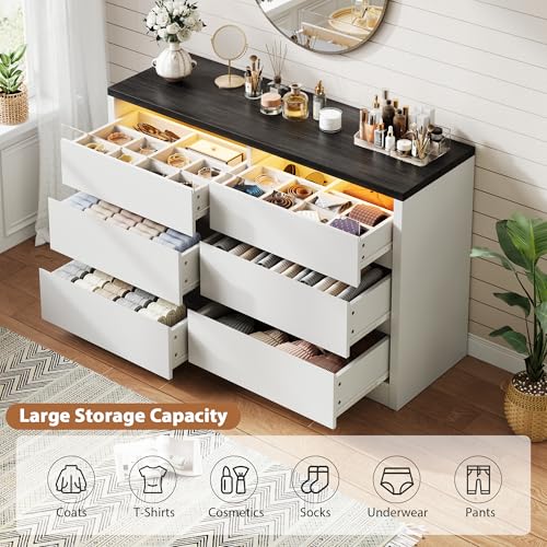 White 6 Drawer Dresser for Bedroom with LED Light & Deep Drawers, view 6