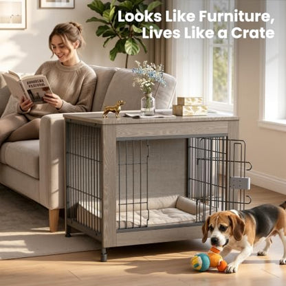 Wooden Dog Crate Furniture 27" for Small to Medium Dogs, Greige, view 3