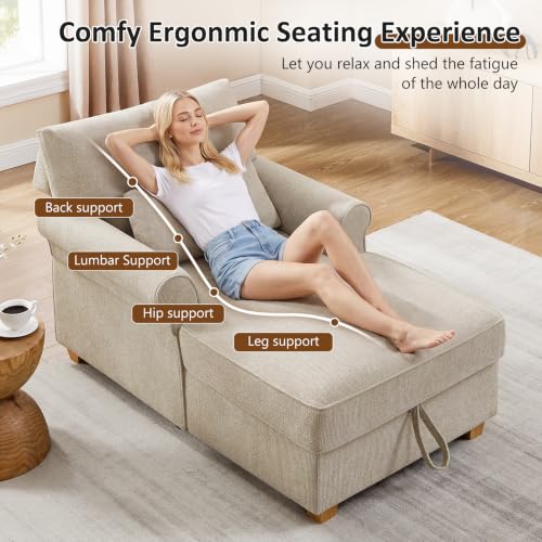 63.39" Oversized Chaise Lounge Chair with Storage, Chenille Beige, view 6