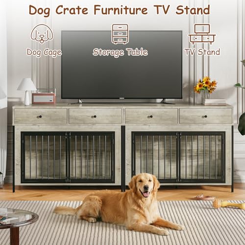 Large Dog Crate Furniture Wooden Dog Kennel Furniture with 2 Drawers, Grey, view 5