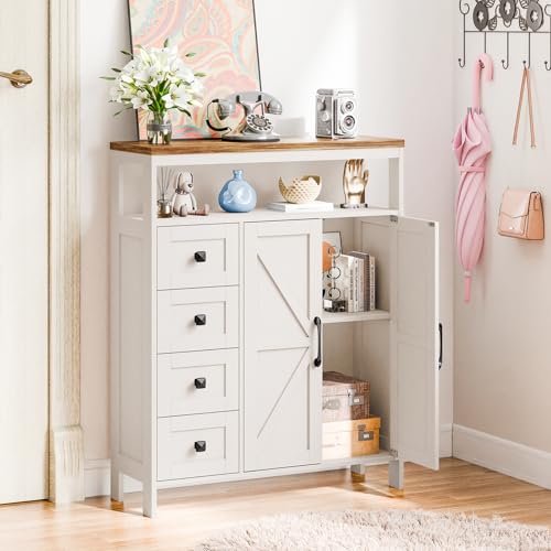 Farmhouse Storage Cabinet with 2 Doors and 4 Drawers, Freestanding Bathroom Cabinet Kitchen Pantry, Floor Storage Cabinets Hutch Cupboard for Kitchen/Living Room/Bathroom （Unique White）