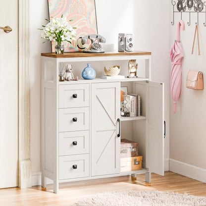 Farmhouse Storage Cabinet with 2 Doors and 4 Drawers, Freestanding Bathroom Cabinet Kitchen Pantry, Floor Storage Cabinets Hutch Cupboard for Kitchen/Living Room/Bathroom （Unique White）