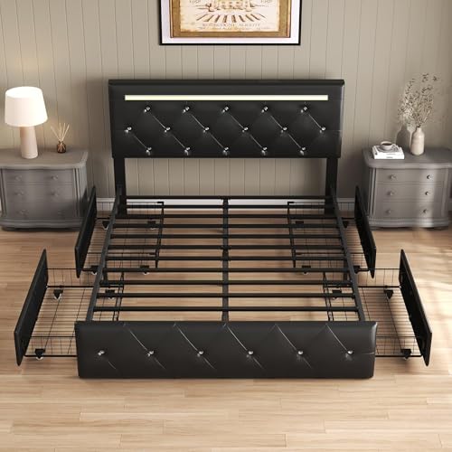 Full Bed Frames with Headboard - Upholstered Leather Bed Frame, Adjustable Headboard 2 Storage Drawers 12 Metal Slats, Noise-Free, Easy Assembly No Box Spring Needed Black