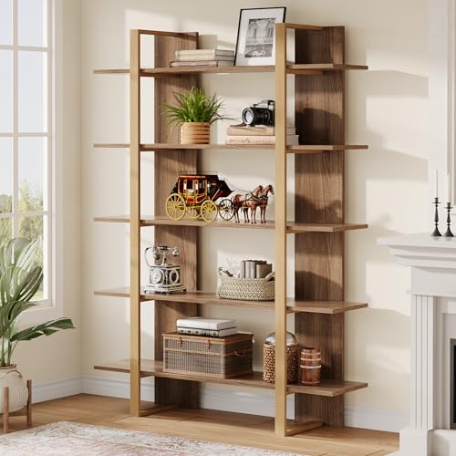 Tribesigns 5-Tier Bookshelf, Boho Bookcase, Morden Open Bookshelves with Metal Frame, 71" H x 12" D x 47" W, for Bedroom, Living Room, Home Office, Retro Oak, Beige