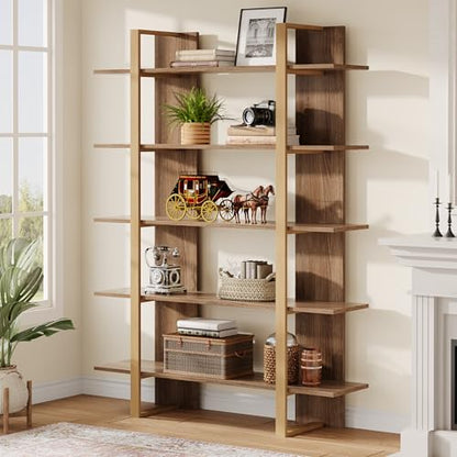 Tribesigns 5-Tier Bookshelf, Boho Bookcase, Morden Open Bookshelves with Metal Frame, 71" H x 12" D x 47" W, for Bedroom, Living Room, Home Office, Retro Oak, Beige