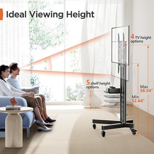 Rolling TV Stand, Mobile TV Stand on Wheels for 32-85 Inch Screens up to 132 lbs, Height Adjustable Mobile TV Cart with Metal Shelf, Rolling TV Cart with Lockable Wheels Max VESA 600x400mm