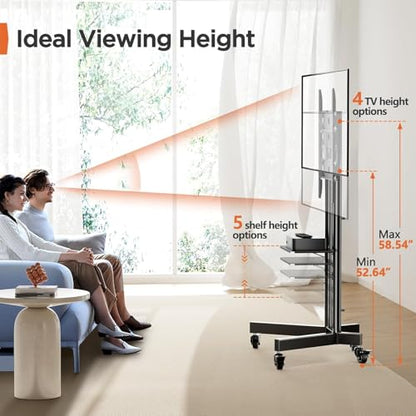 Rolling TV Stand, Mobile TV Stand on Wheels for 32-85 Inch Screens up to 132 lbs, Height Adjustable Mobile TV Cart with Metal Shelf, Rolling TV Cart with Lockable Wheels Max VESA 600x400mm