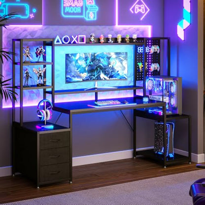 67 Inch Gaming Desk with Display Shelves, 3 Drawers, LED Lights, Hutch, view 3