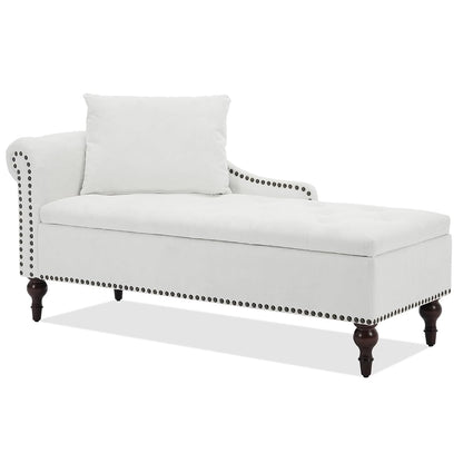 Velvet Chaise Lounge with Storage & Left Armrest, White