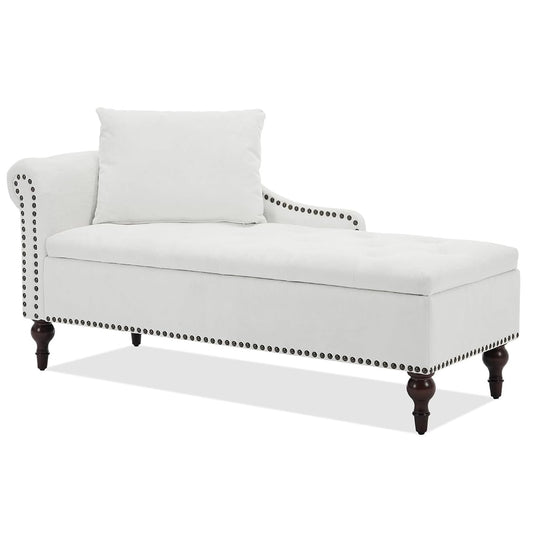 Velvet Chaise Lounge with Storage & Left Armrest, White