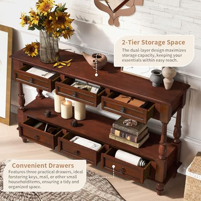 54'' Solid Wood Console Table, Farmhouse Entryway Table with 6 Drawers and Shelf, Narrow Long Sofa Table with Storage for Living Room Hallway, Couch, Foyer (Cherry)